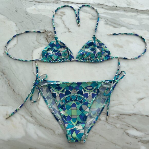 EMILIO PUCCI BLUE GREEN WHITE STRING BIKINI SIZE IT 42 / US 8 - Picture 5 of 17